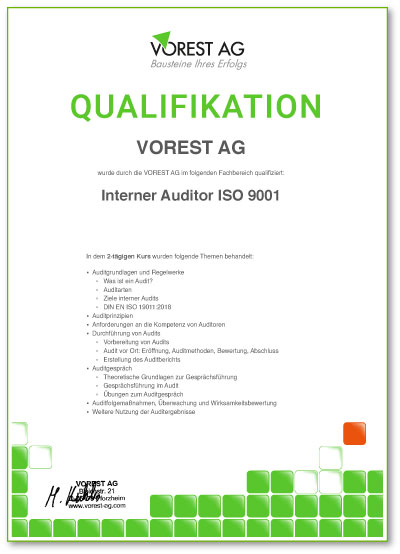 Qualifikationsbescheinigung der VOREST AG auf Deutsch – FSSC 22000 Schulung - ISO 22000 Seminar