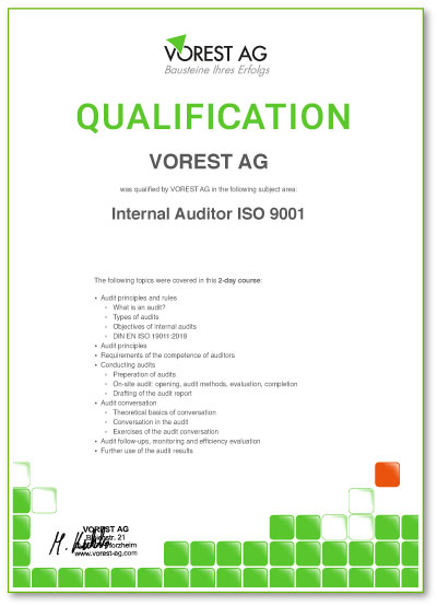 Qualifikationsbescheinigung FSSC 22000 Schulung - ISO 22000 Seminar bei der VOREST AG auf Englisch