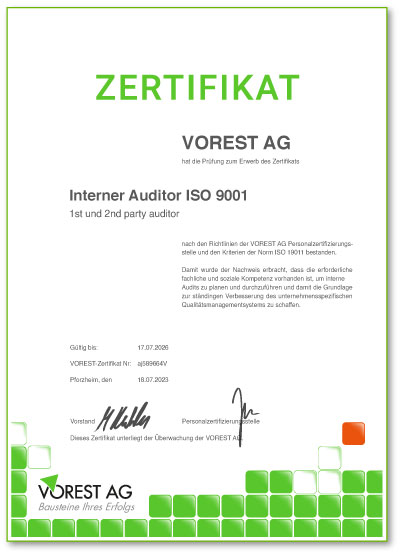 Zertifikat einer HACCP Schulung mit abschließender Prüfung bei der VOREST AG auf Deutsch